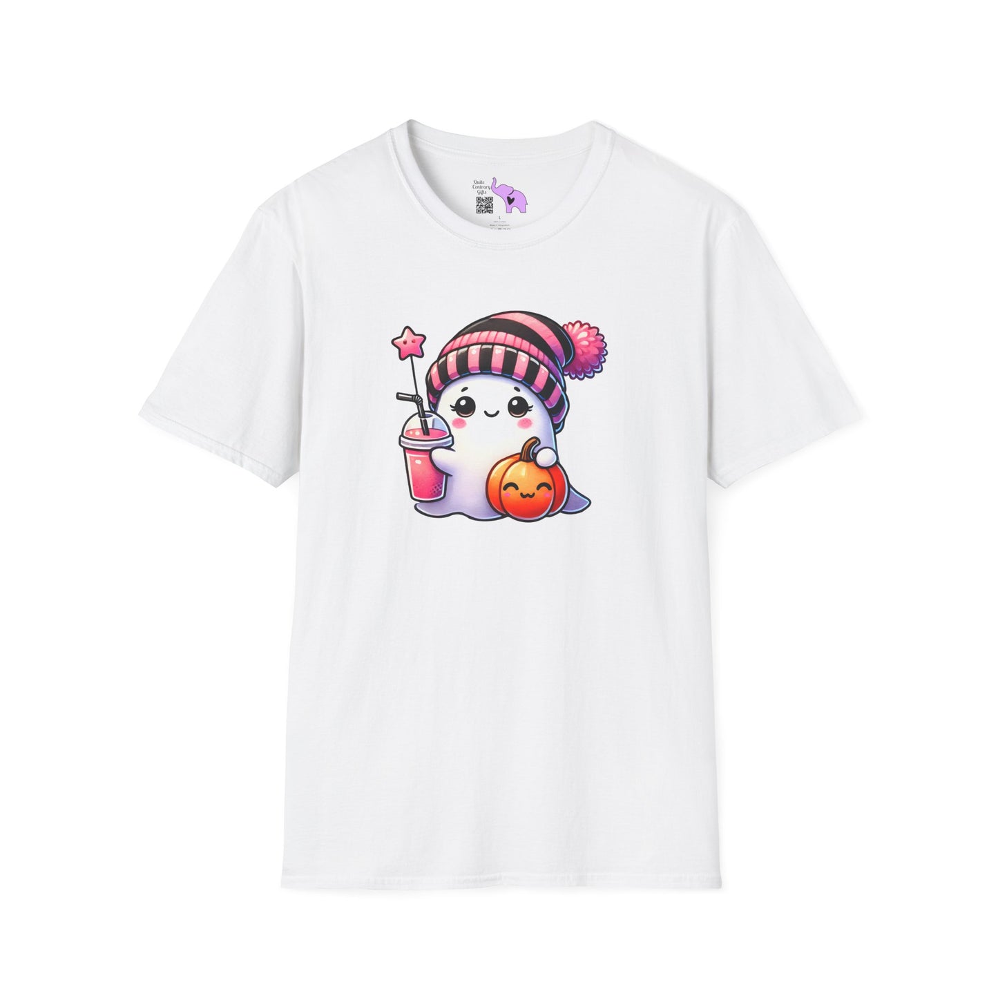 Cute Ghost w/Pumpkin and Pink Drink Adult T-shirt