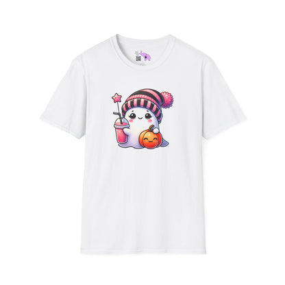 Cute Ghost w/Pumpkin and Pink Drink Adult T-shirt