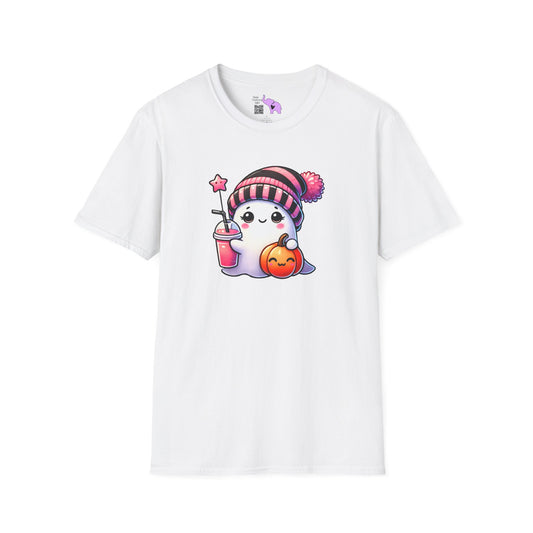 Cute Ghost w/Pumpkin and Pink Drink Adult T-shirt
