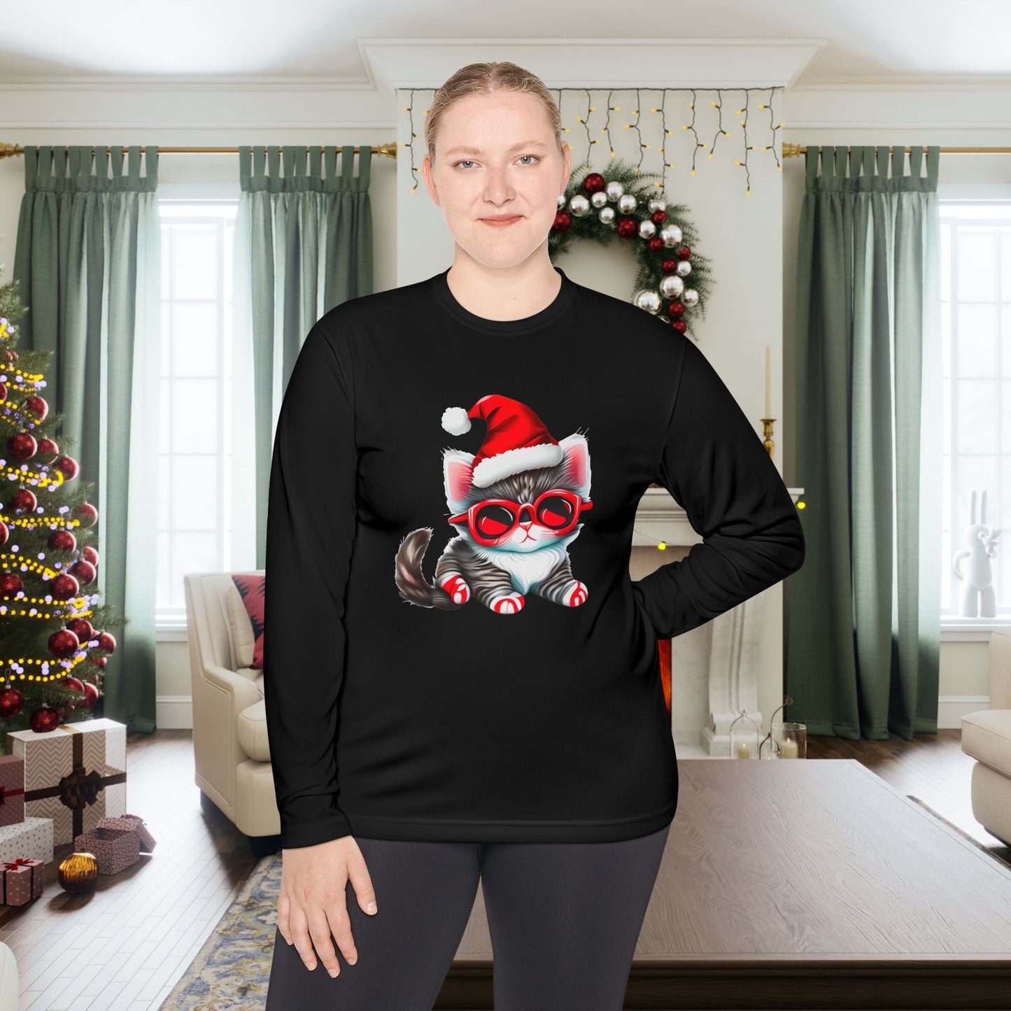 Santa Kitten Adult Long Sleeve Tee