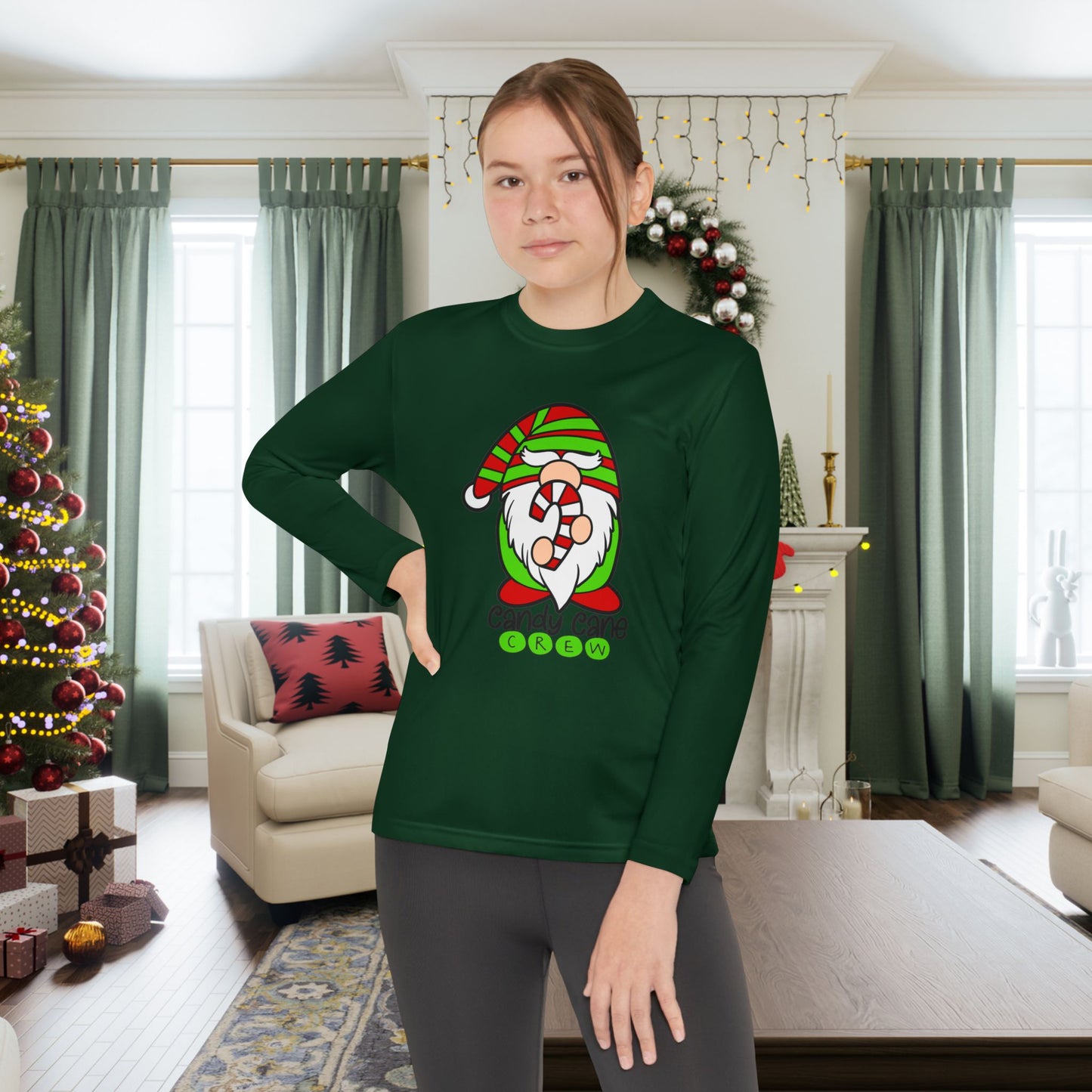 Candy Cane Crew Gnome Youth Long Sleeve Tee