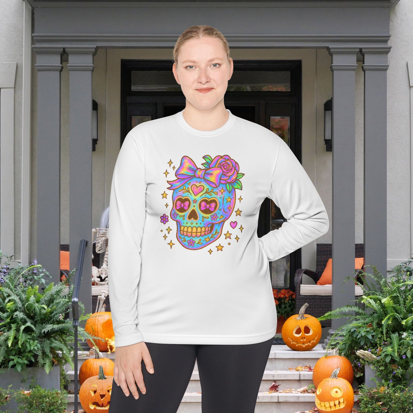 Neon Sugar Skull Adult Long Sleeve Tee