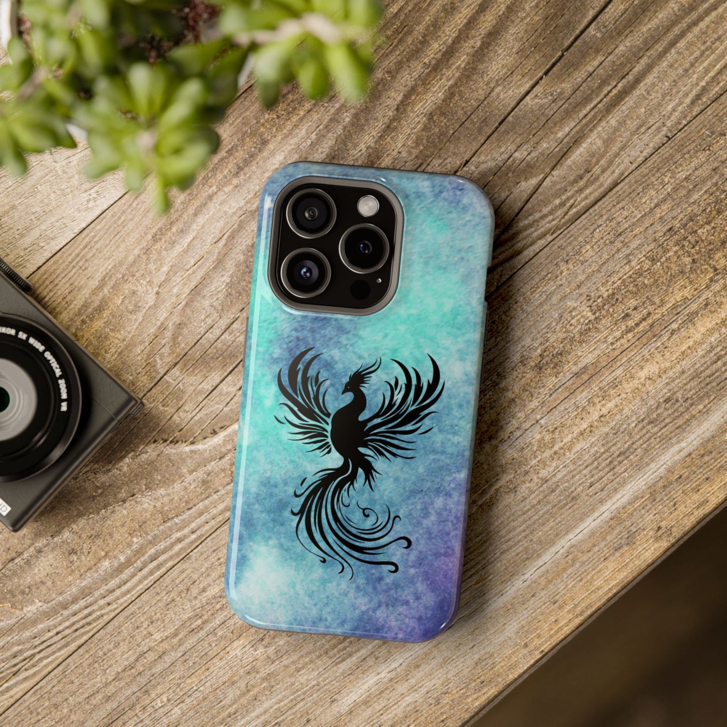 Phoenix Silhouette Over Teal Nebula MagSafe® Compatible Tough Case for iPhone