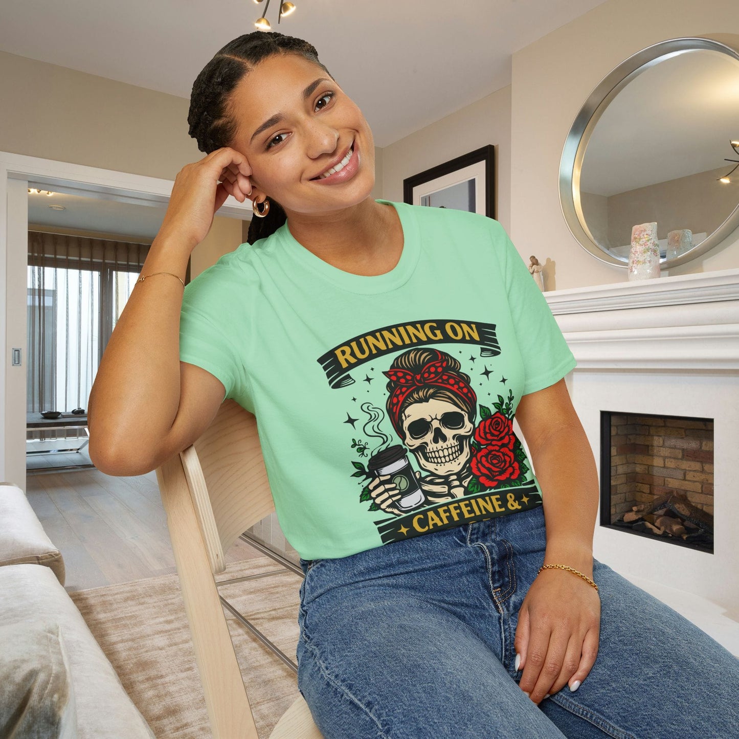 Running on Caffeine and Sarcasm (Roses) Adult T-shirt