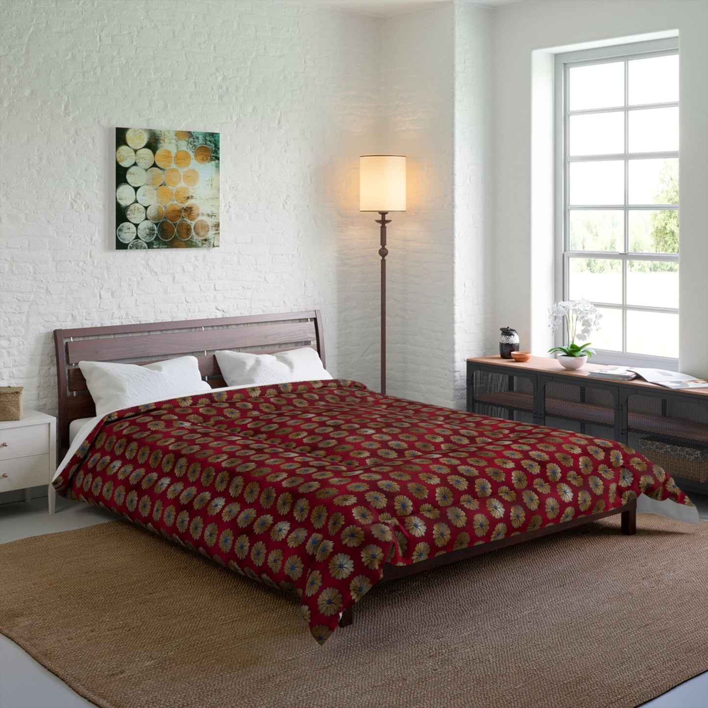 Crimson Gilded Daisies Basic Bedding Set