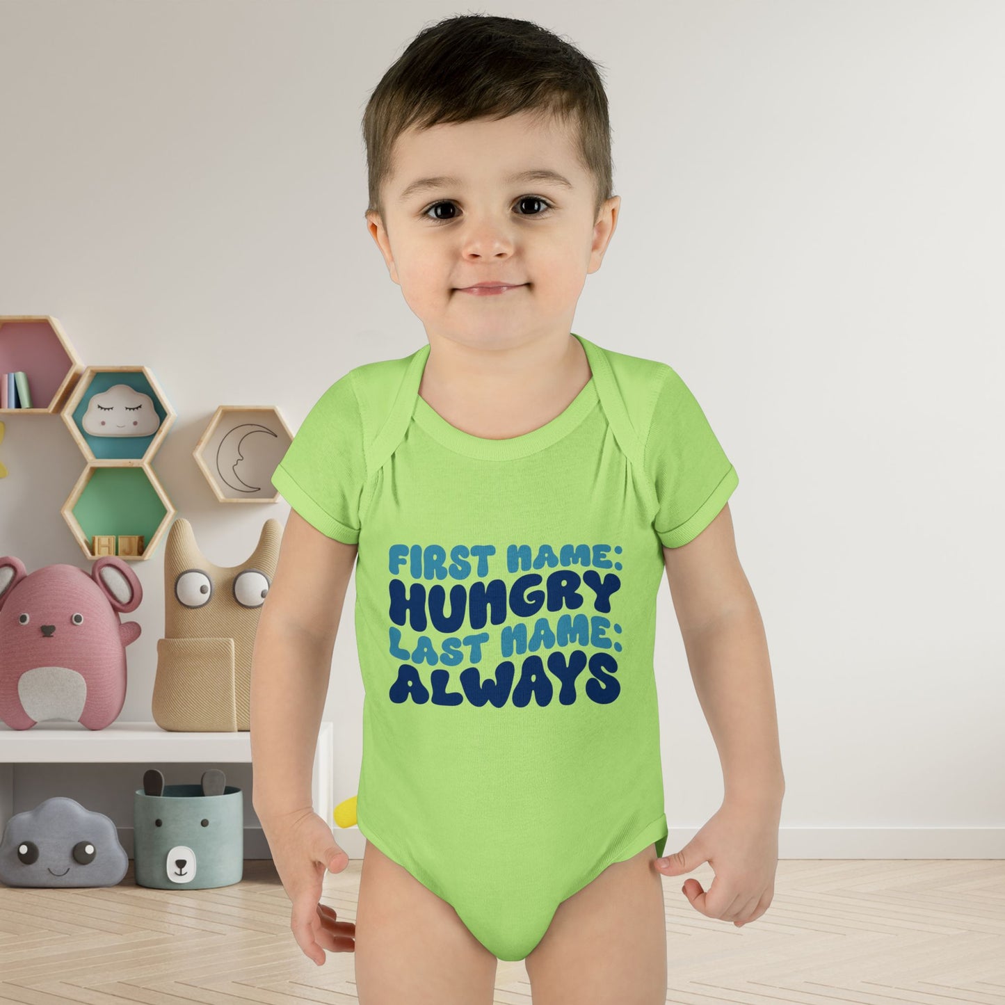 First Name: Hungry Last Name: Always Infant Baby Rib Bodysuit