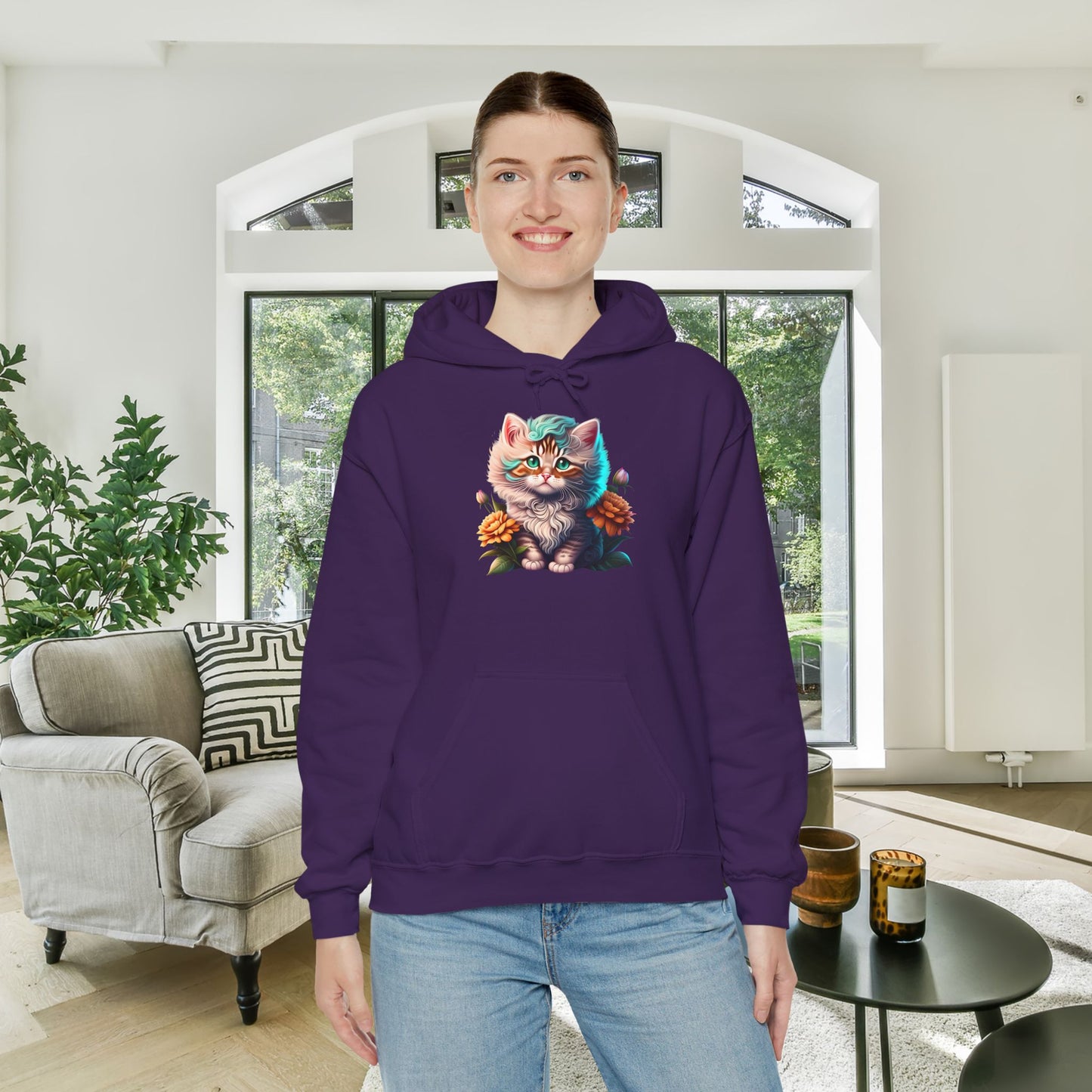 Cute Colorful Kitten in Flowers 3 Heavy Blend™ Hooded Sweatshirt