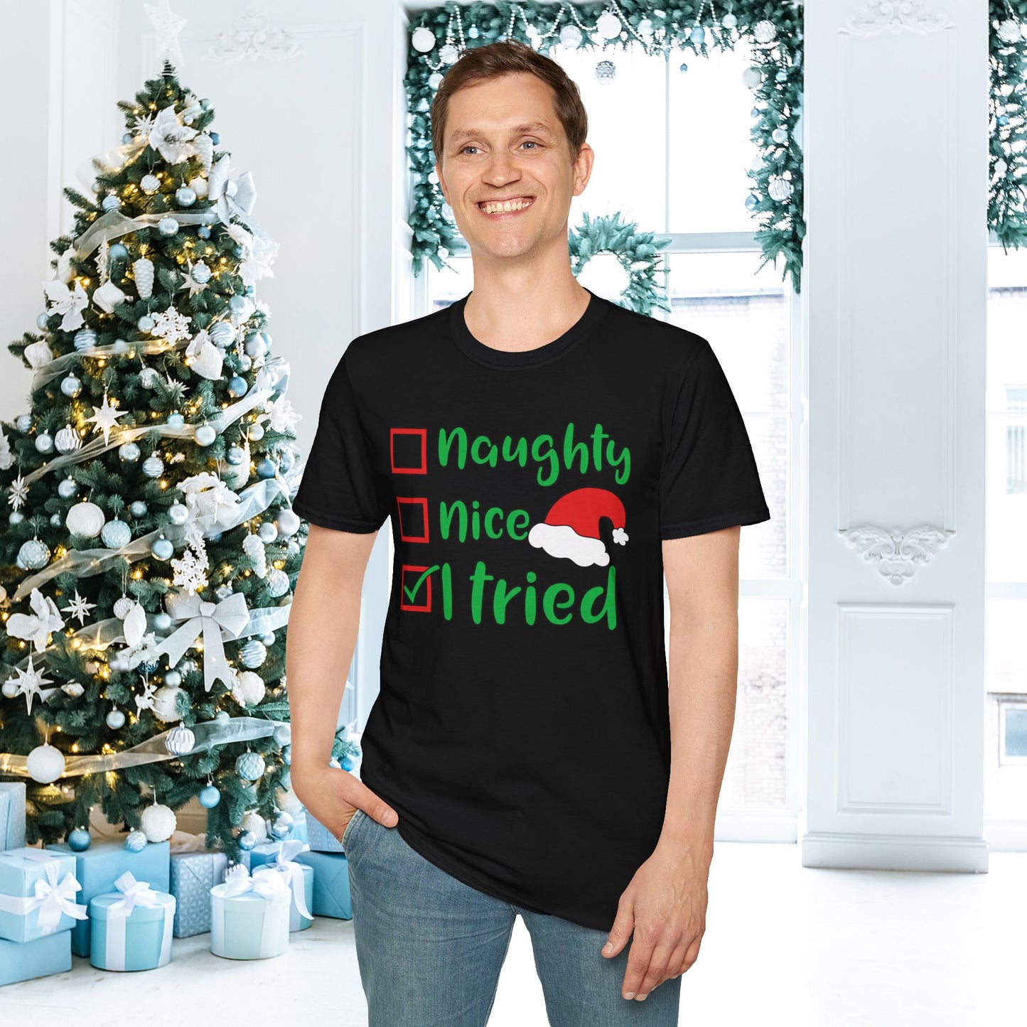 Naughty; Nice; I Tried Crew Adult T-shirt