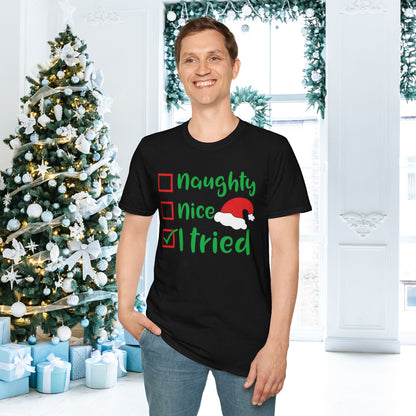 Naughty; Nice; I Tried Crew Adult T-shirt