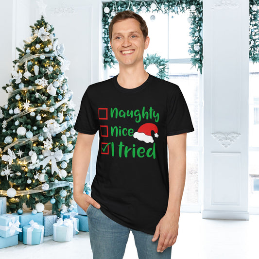 Naughty; Nice; I Tried Crew Adult T-shirt