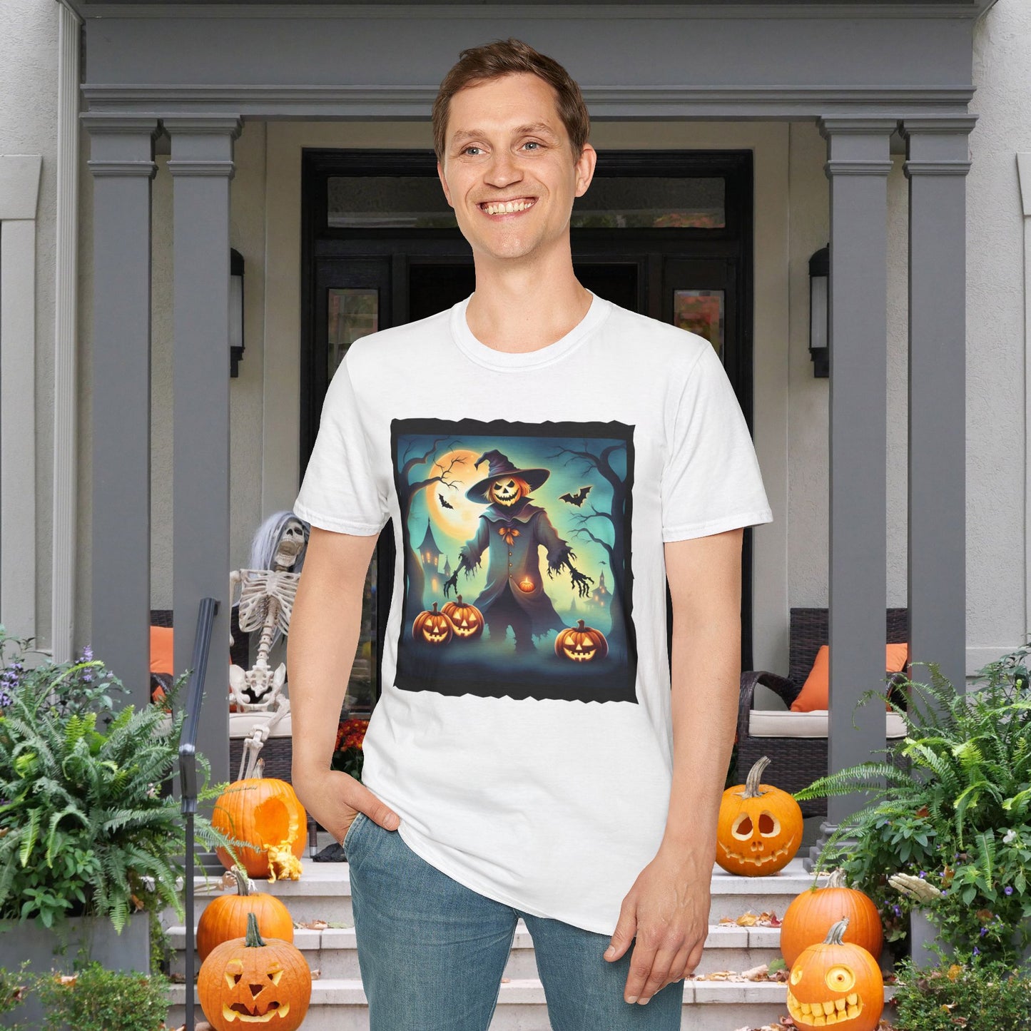 Halloween Scarecrow w/Pumpkins 3 Adult T-shirt