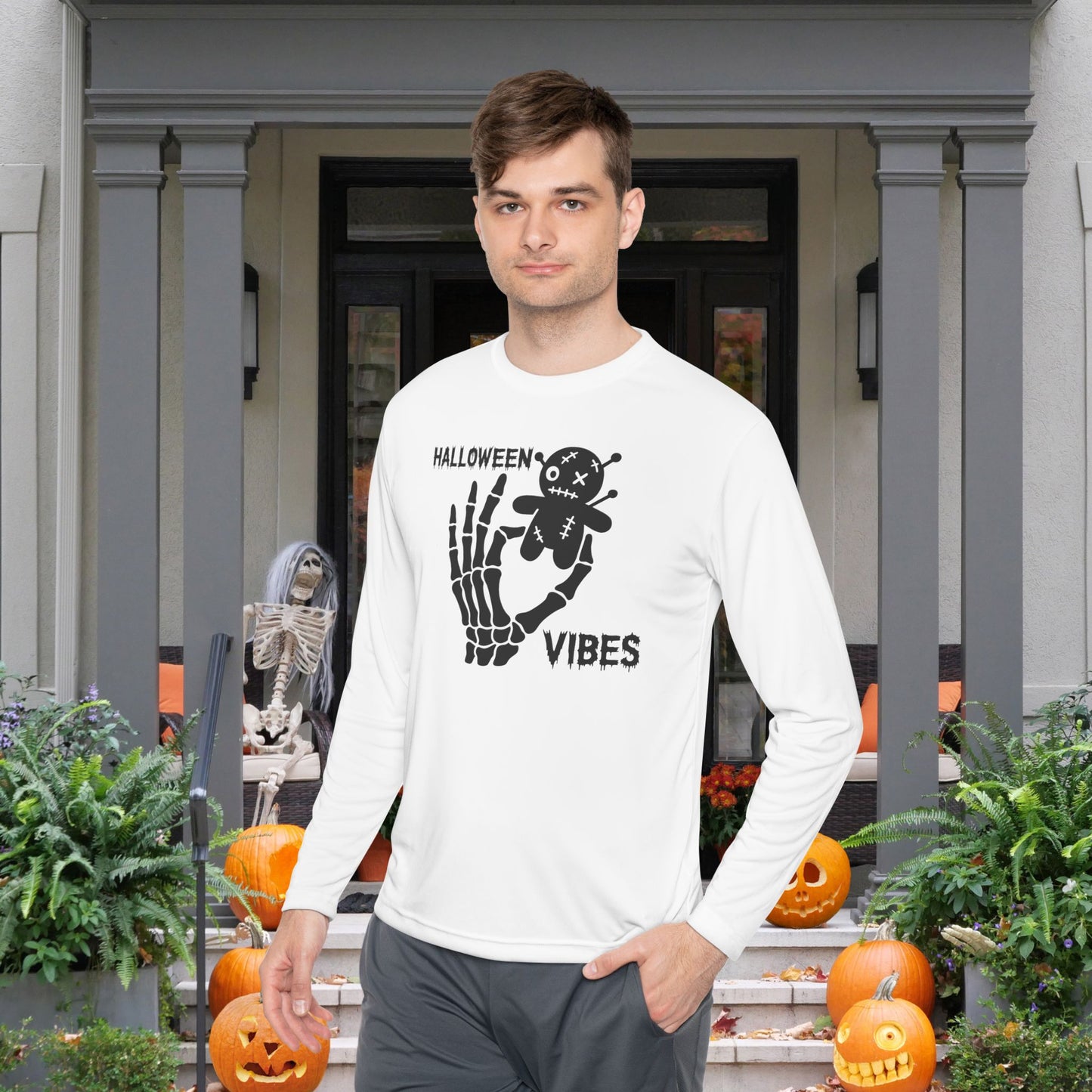 Halloween Vibes (Skeleton Hand & Voodoo Doll) Adult Long Sleeve Tee