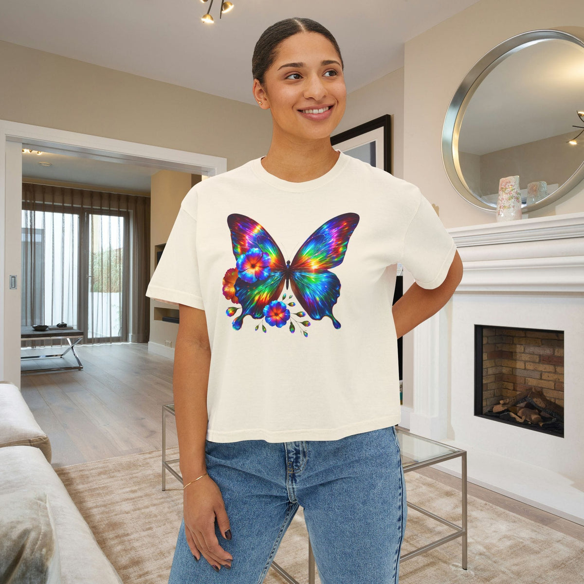 Colorful Butterfly & Flowers Women's Boxy Tee