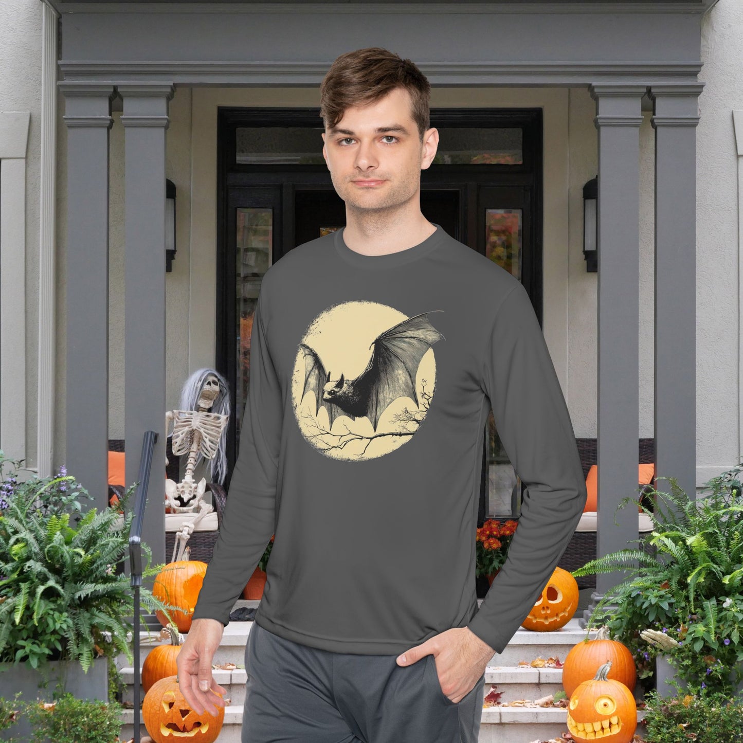 Bat Over Moon 2 Adult Long Sleeve Tee