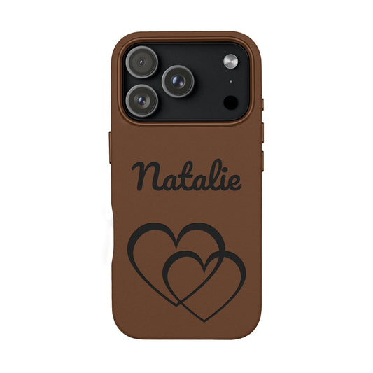 Personalized Name & Double Heart Engraved Leather Phone Case