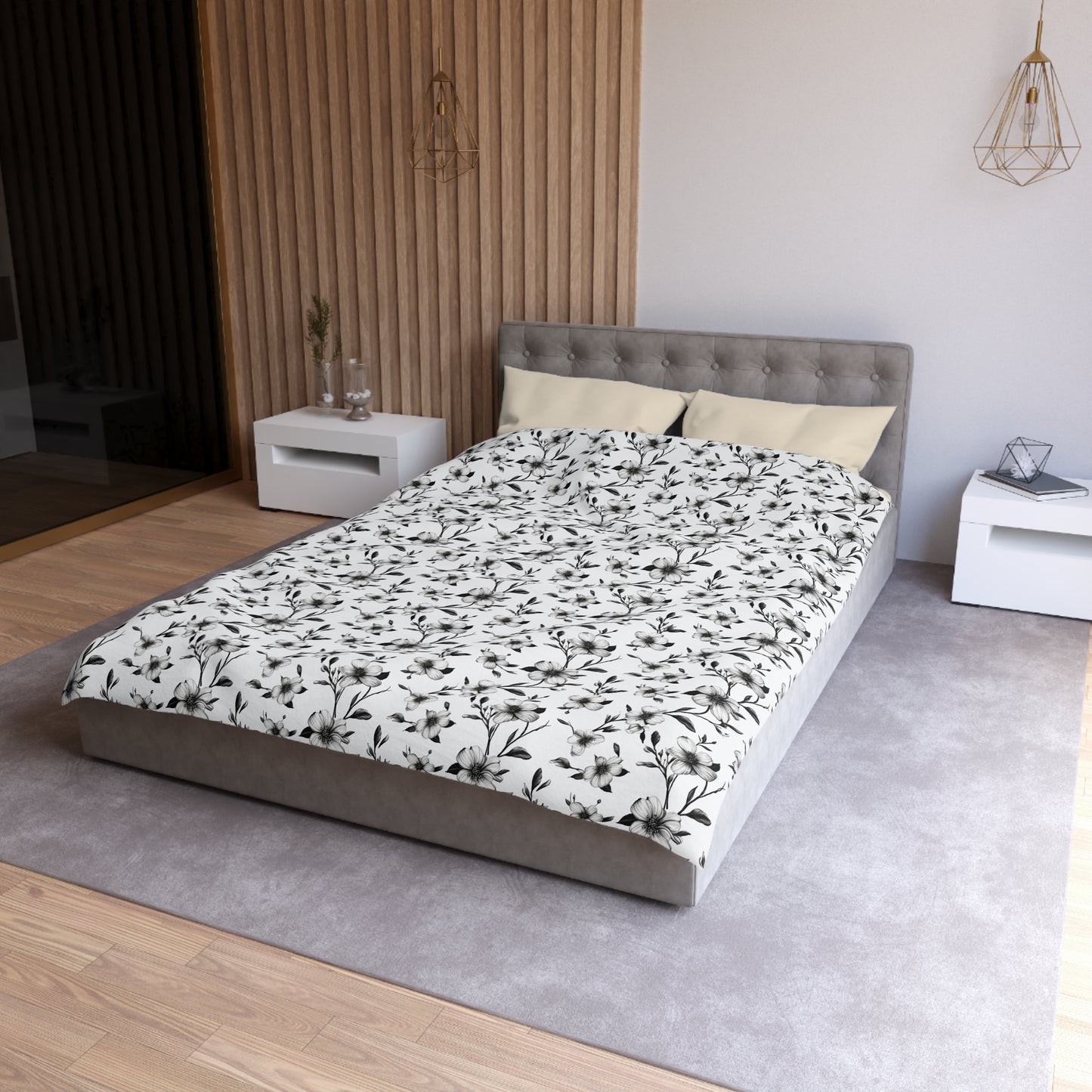 Black & White Five Petal Floral Duvet Bedding Set
