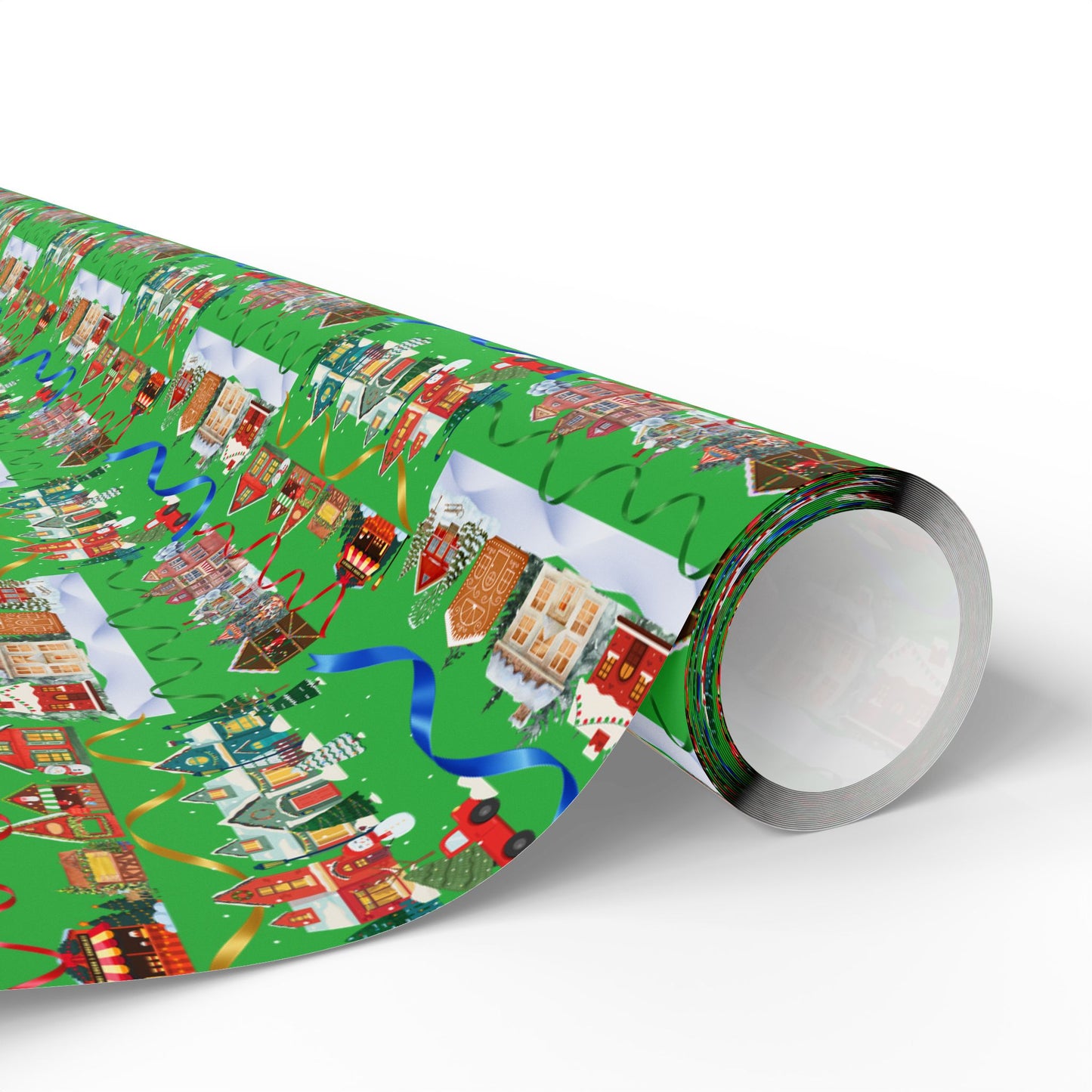 Colorful Christmas Village Green Wrapping Paper