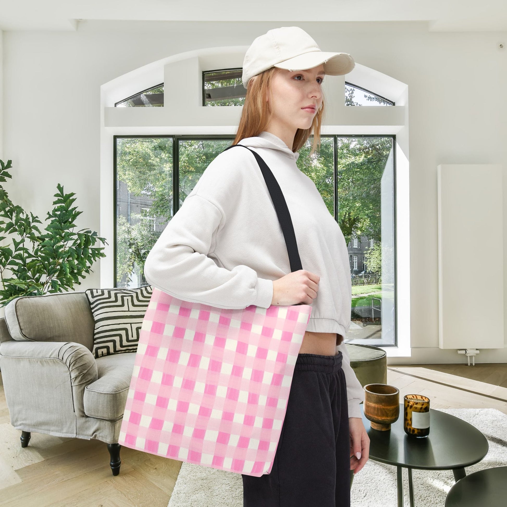 Dreamy Rose Gingham Canvas Tote Bag