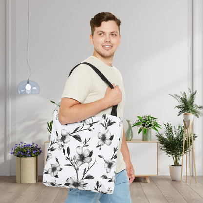 Black & White Five Petal Floral Canvas Tote Bag