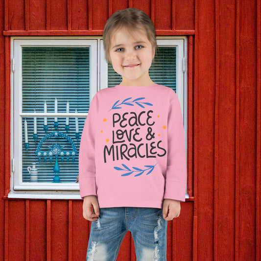 Hanukkah Peace Love & Miracles 2 Toddler Long Sleeve Tee