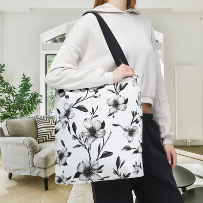 Black & White Five Petal Floral Canvas Tote Bag