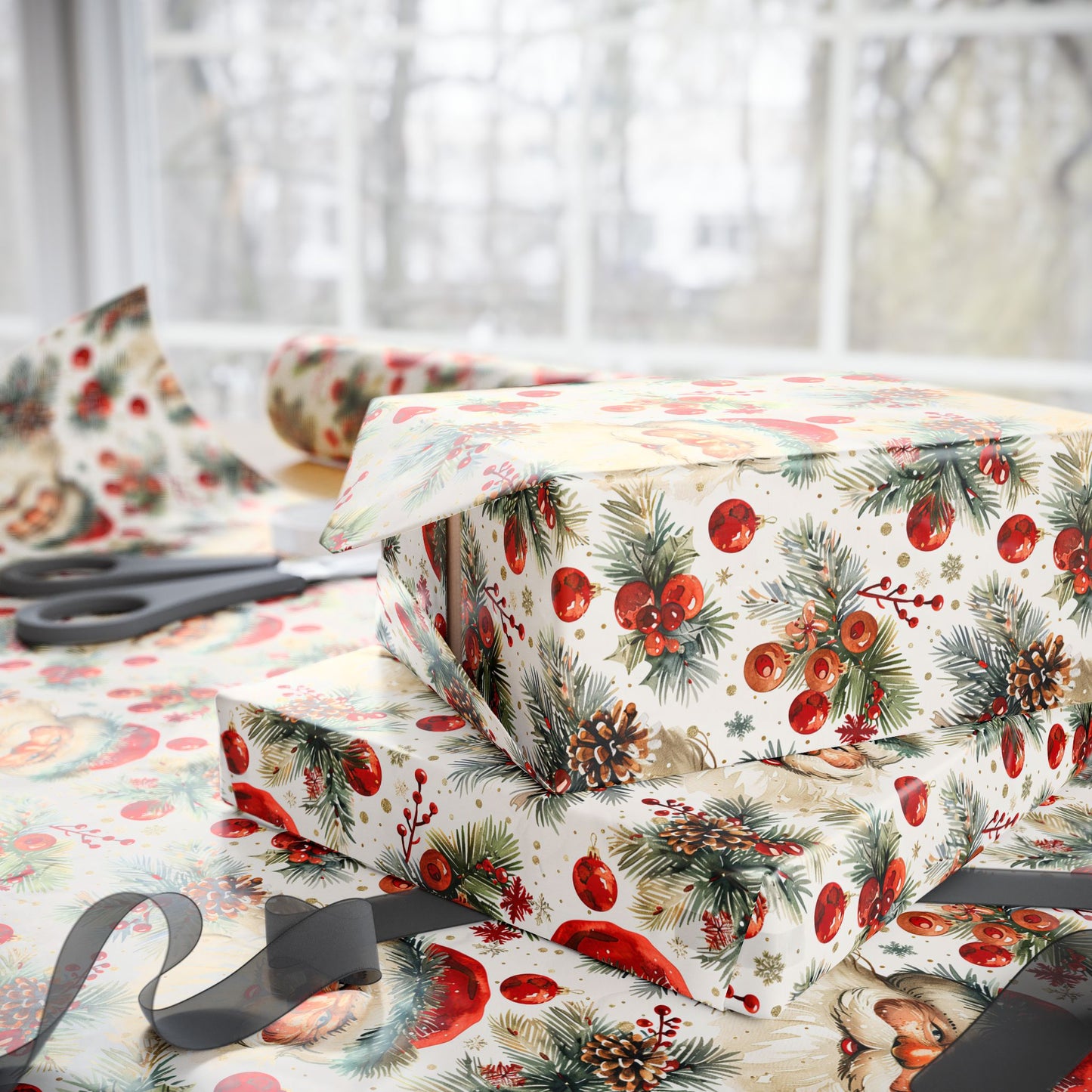 Festive Santa & Holly Blooms Wrapping Paper