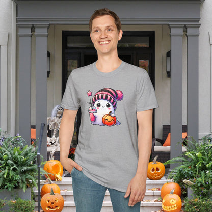 Cute Ghost w/Pumpkin and Pink Drink Adult T-shirt