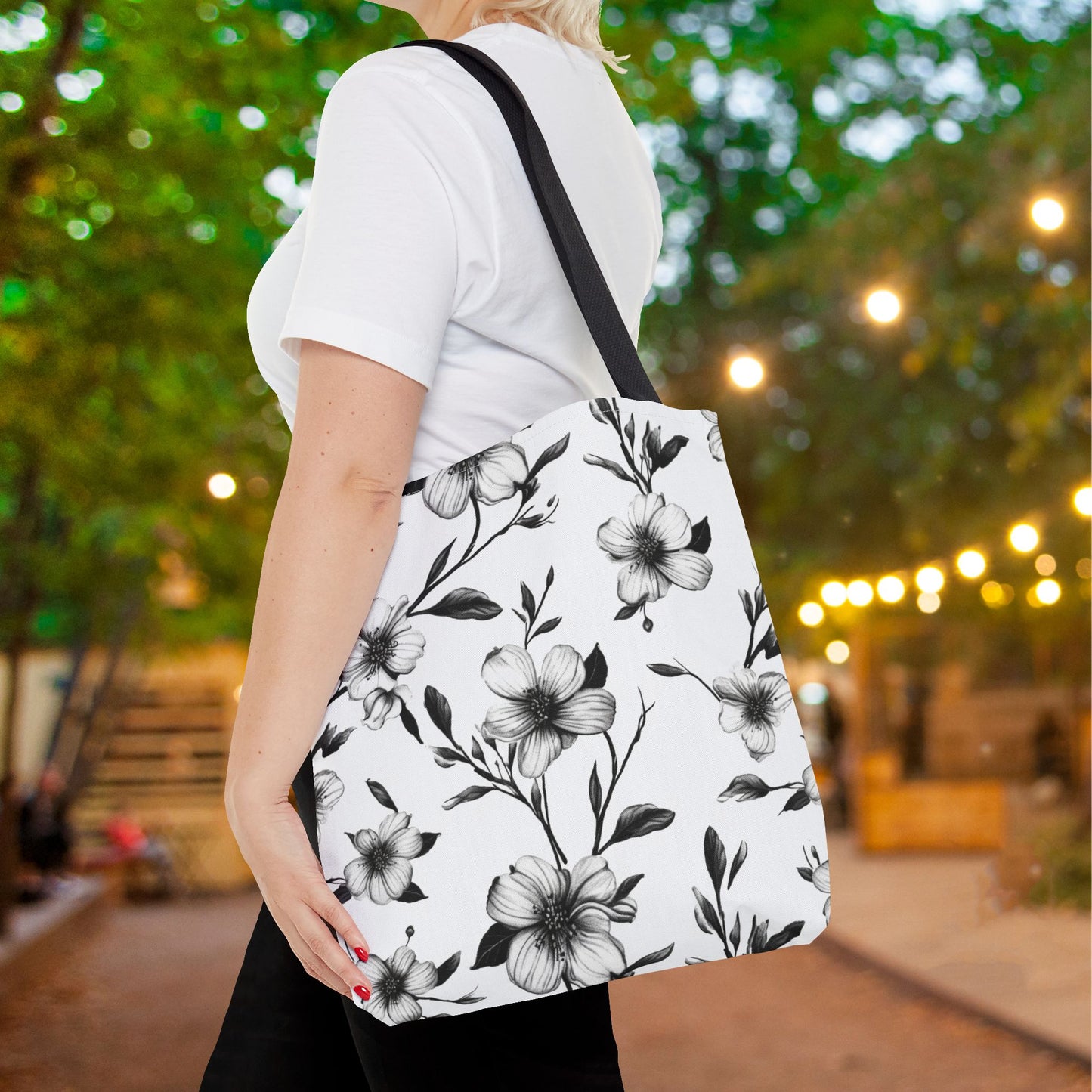 Black & White Five Petal Floral Canvas Tote Bag