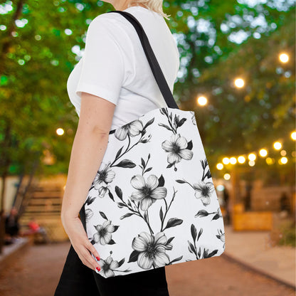 Black & White Five Petal Floral Canvas Tote Bag