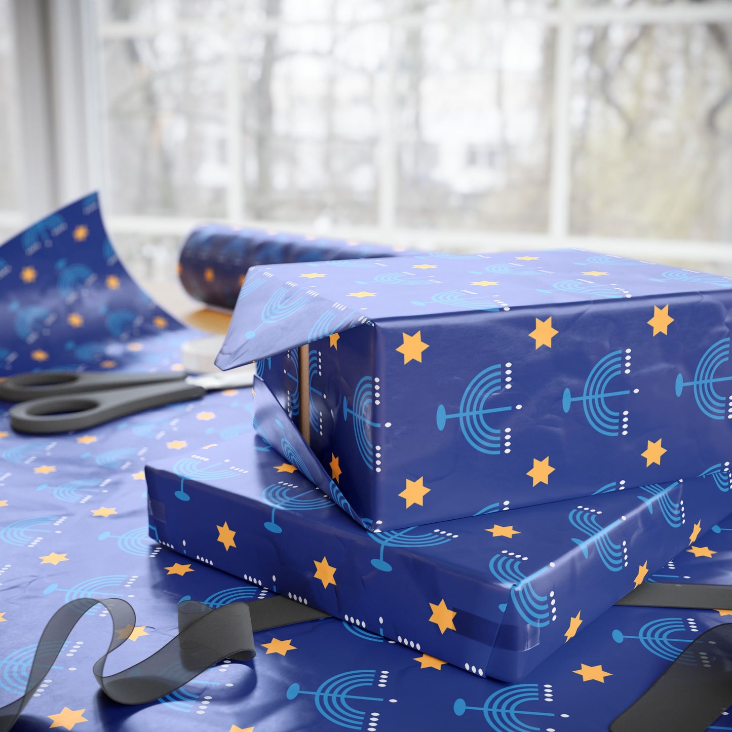 Dk. Blue/Gold Star of David Hanukkah Wrapping Paper