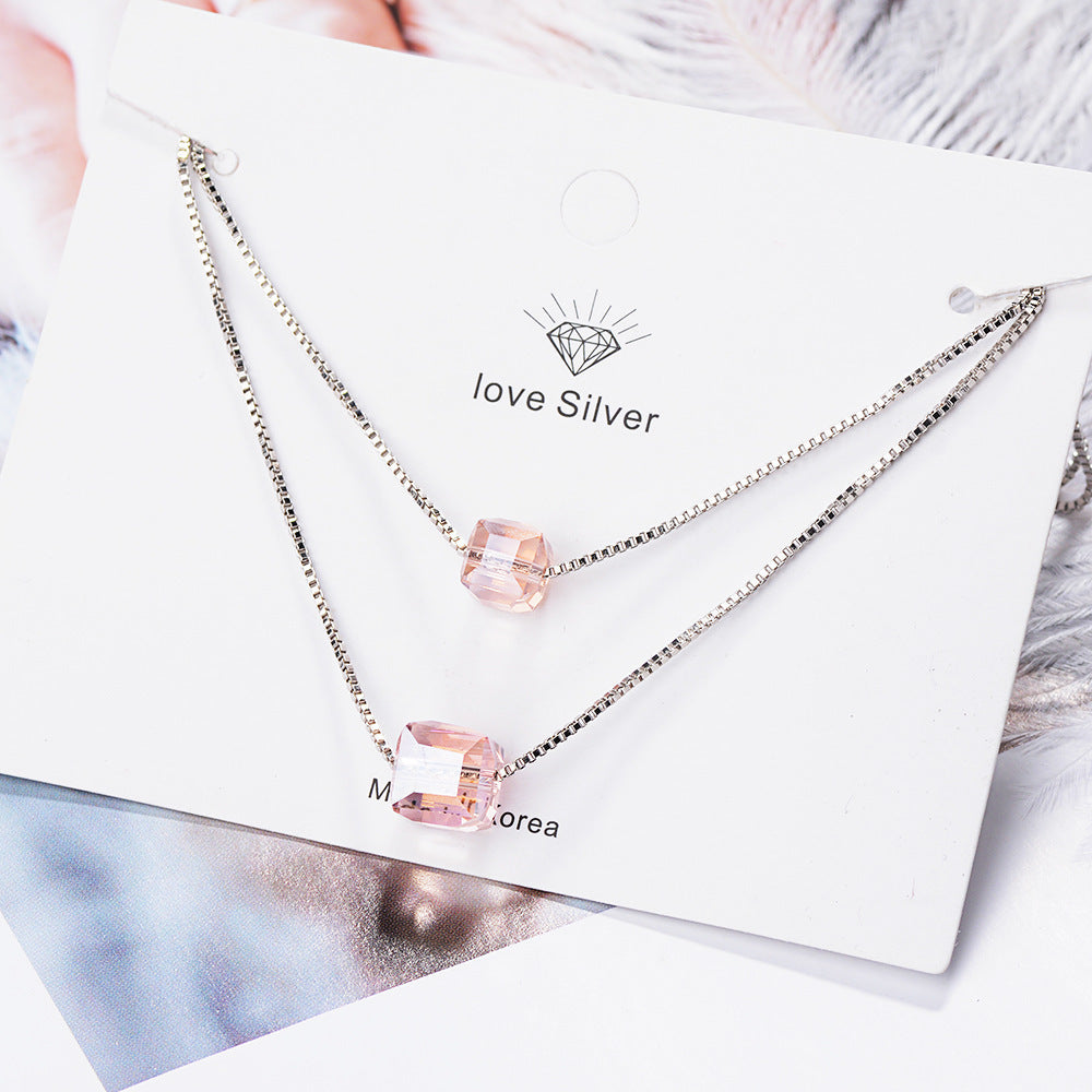 Sugar Cube Crystal Pendant Double Chain Necklace (Pink or Blue)