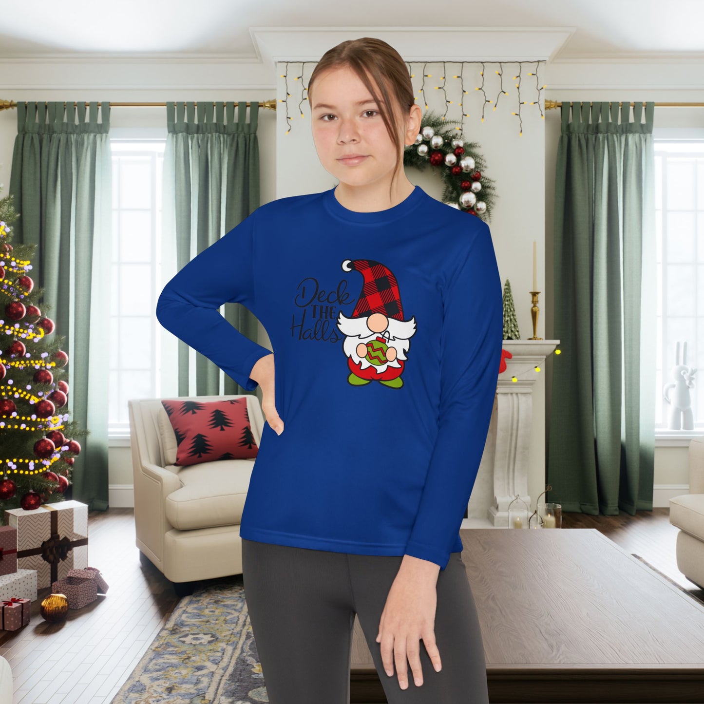 Deck the Halls Plaid Gnome Youth Long Sleeve Tee