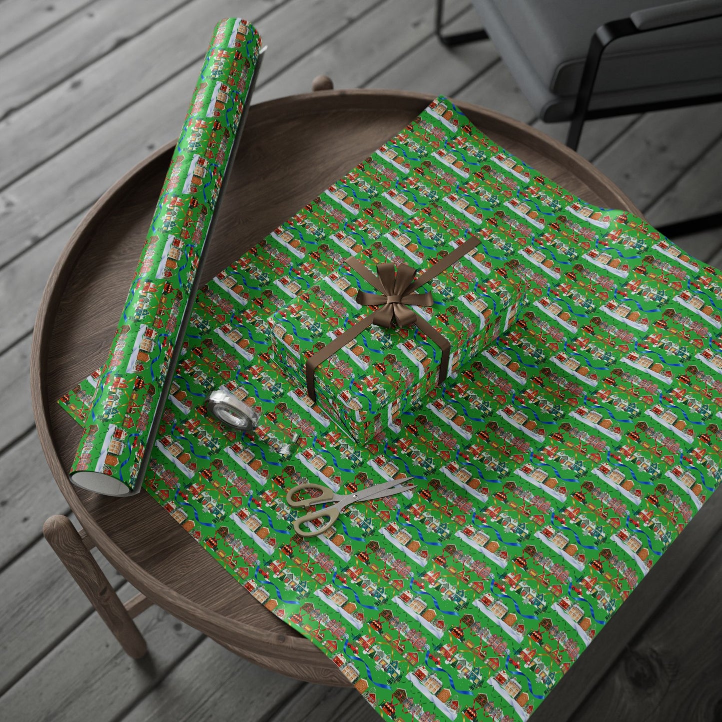 Colorful Christmas Village Green Wrapping Paper