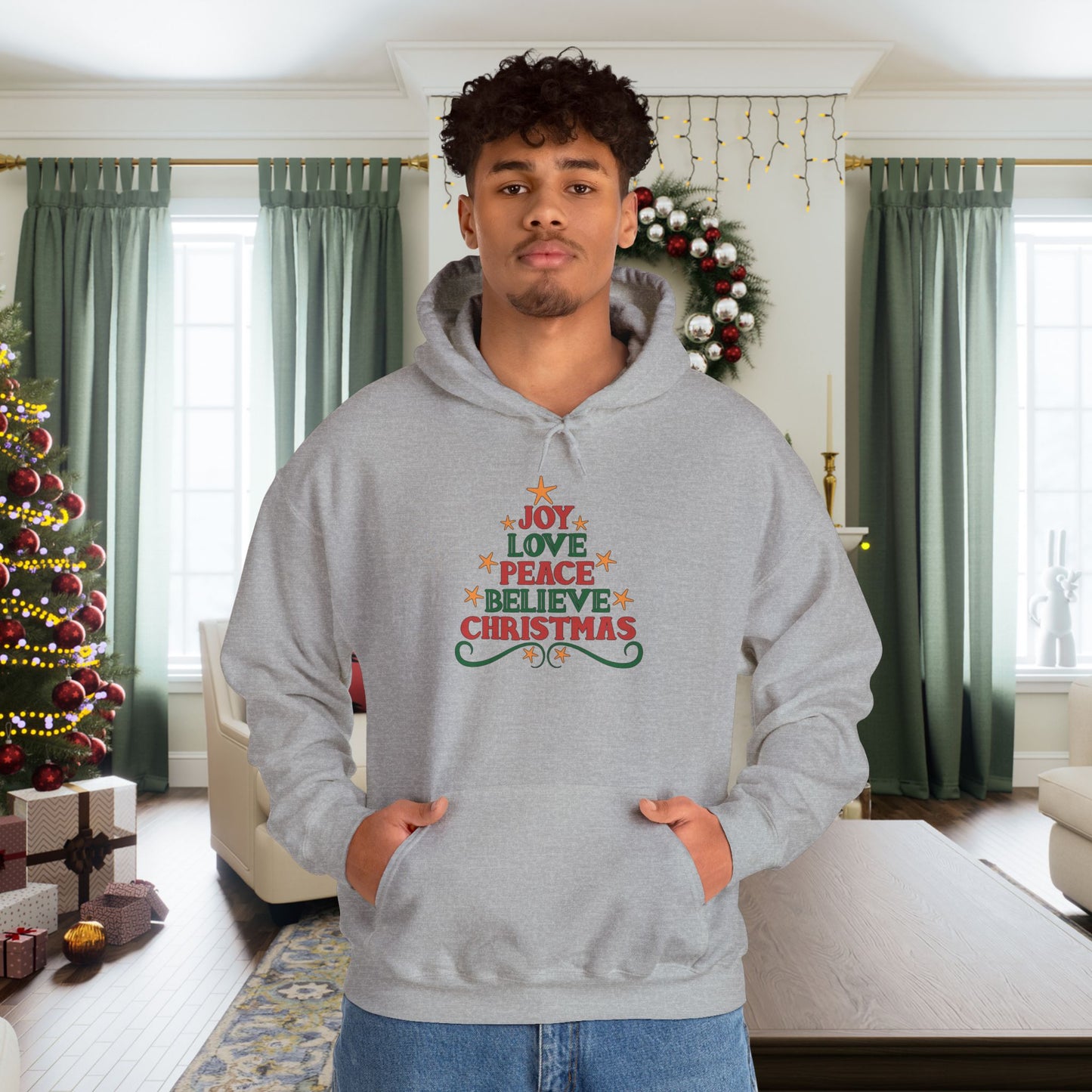 Joy Love Peace Believe Christmas Adult Heavy Blend™ Hooded Sweatshirt