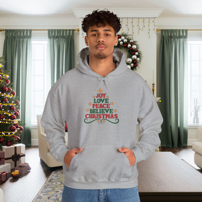 Joy Love Peace Believe Christmas Adult Heavy Blend™ Hooded Sweatshirt