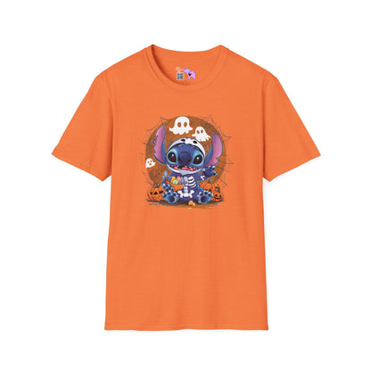 Halloween Skeleton Stitch w/Ghosts & Pumpkins Adult T-shirt