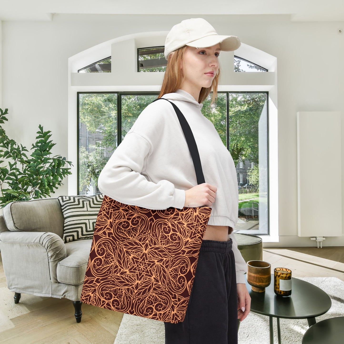 Golden Crimson Star Mandala Canvas Tote Bag