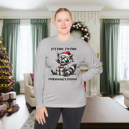 It's Fine I'm Fine Everything's Festive (Racoon) Adult Long Sleeve Tee