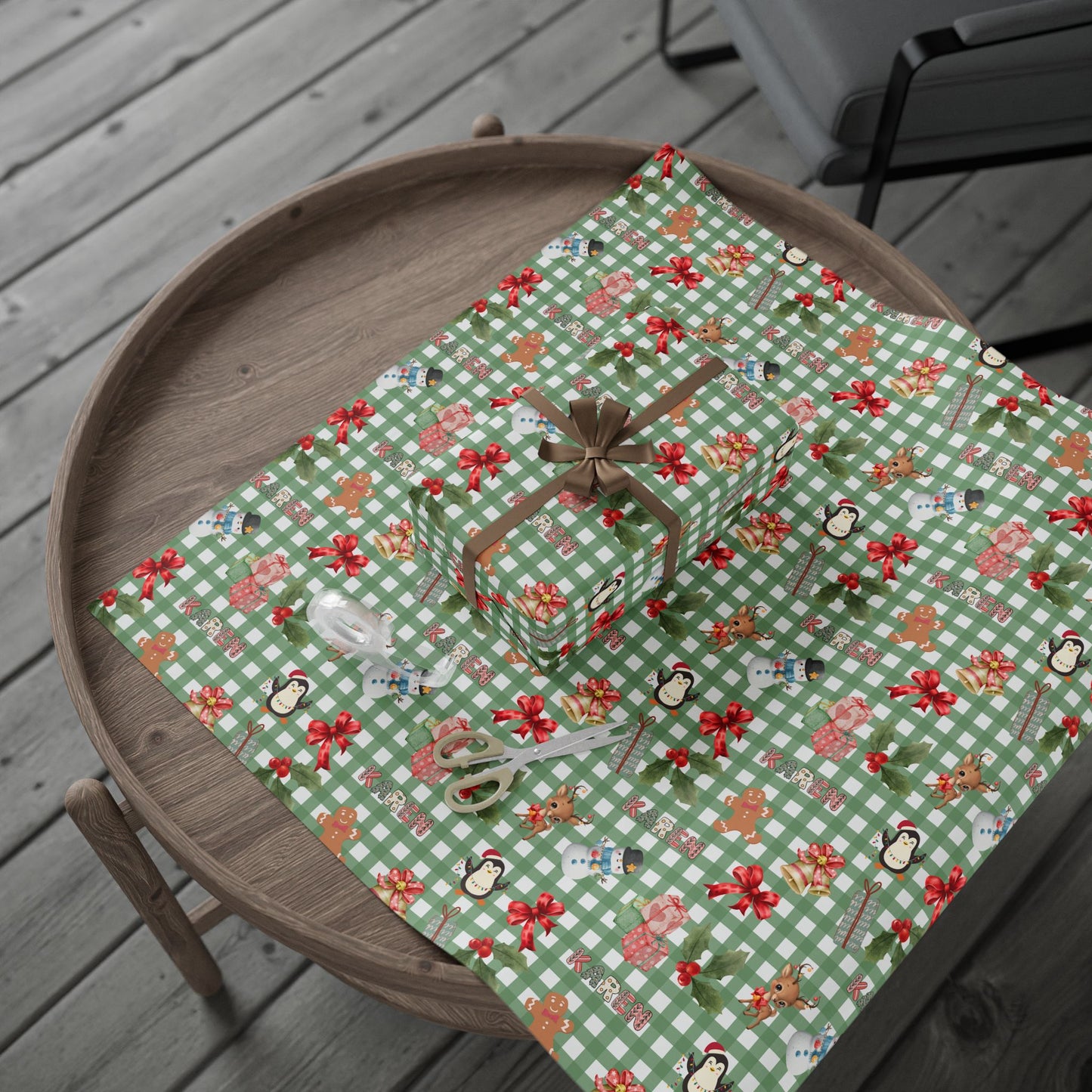 Green Checkered Christmas Custom Wrapping Paper (Karen)