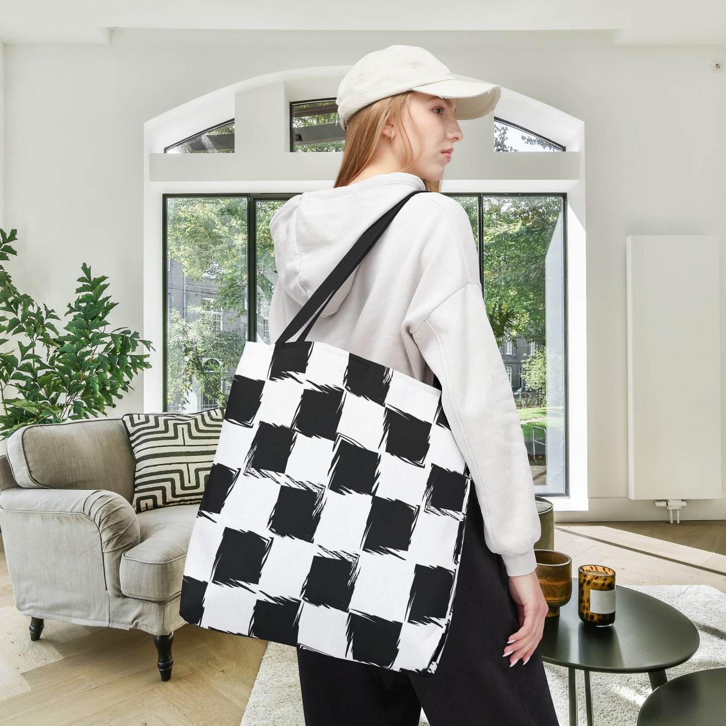 Distorted Check Canvas Tote Bag