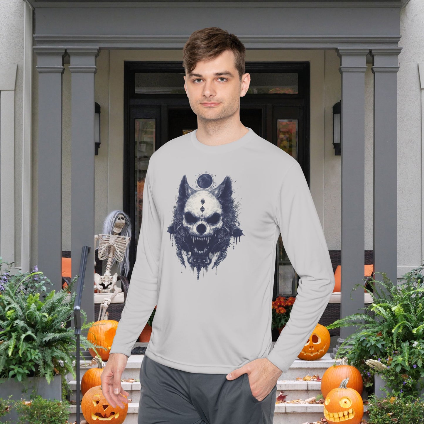 Creepy Skull Wolf Adult Long Sleeve Tee