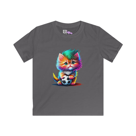 Cute Colorful Kitten w/Soccer Ball Youth Softstyle Tee