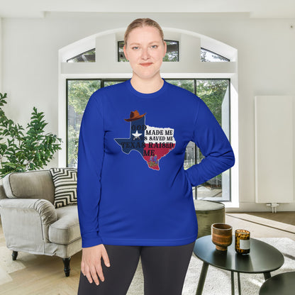 God Made Me Jesus Saved Me Texas Raised Me Adult Long Sleeve Tee