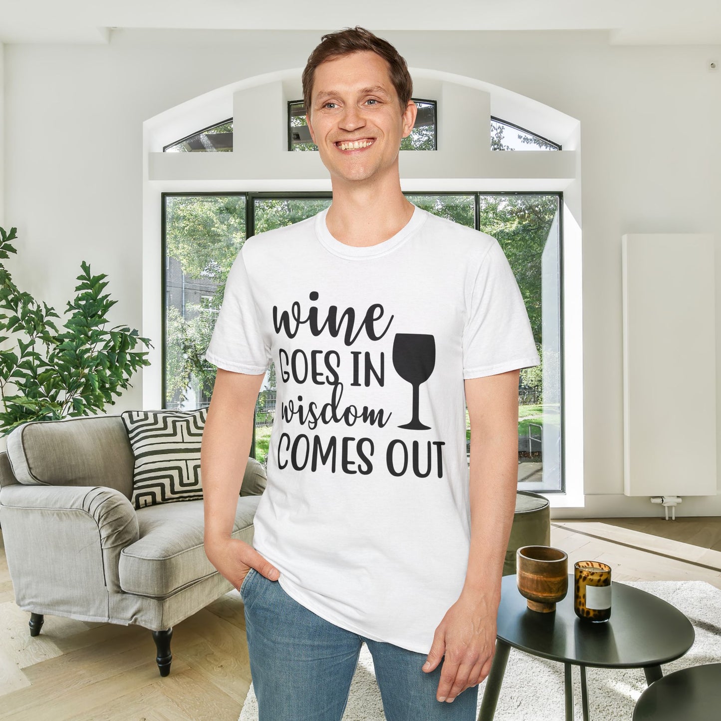 Wine Goes In Wisdom Comes Out Adult T-shirt