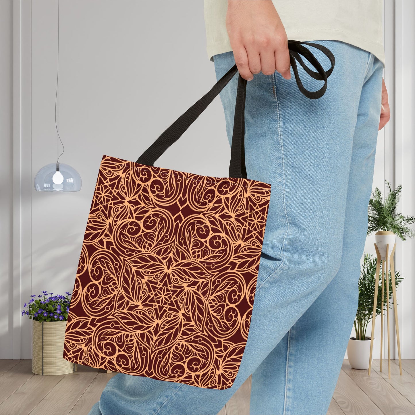 Golden Crimson Star Mandala Canvas Tote Bag