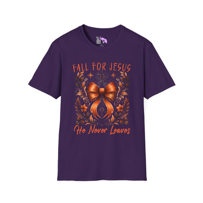Fall For Jesus He Never Leaves (2) Adult T-shirt