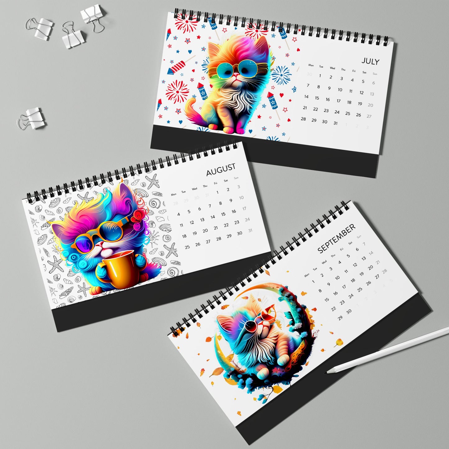 Colorful Kittens Simplex Desk Calendar (2025 grid)