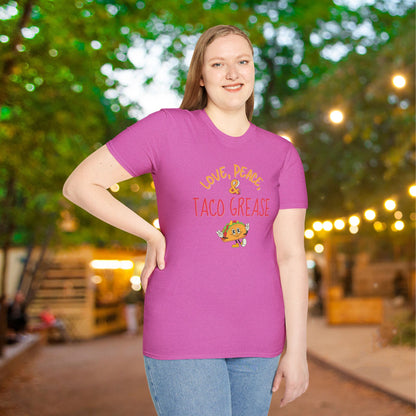Love, Peace, & Taco Grease Adult T-shirt