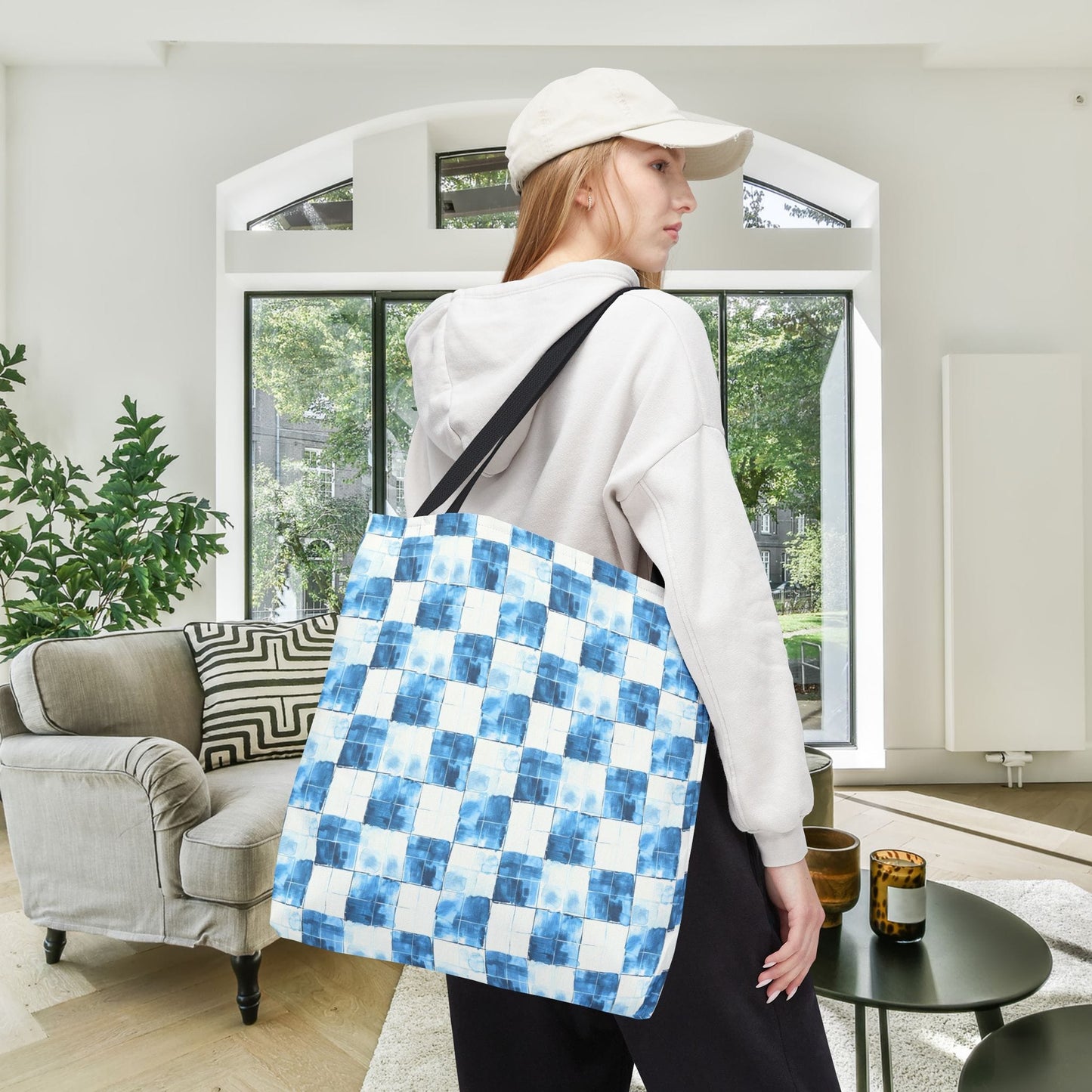 Cozy Blue Checkered Canvas Tote Bag