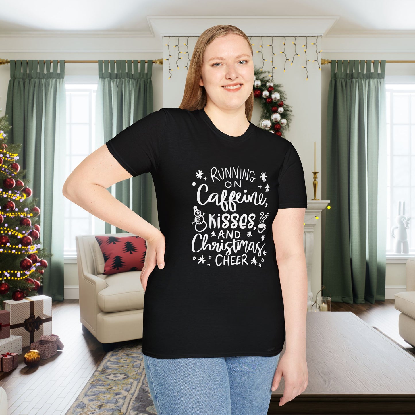 Running on Caffeine, Kisses, & Christmas Cheer Adult T-shirt
